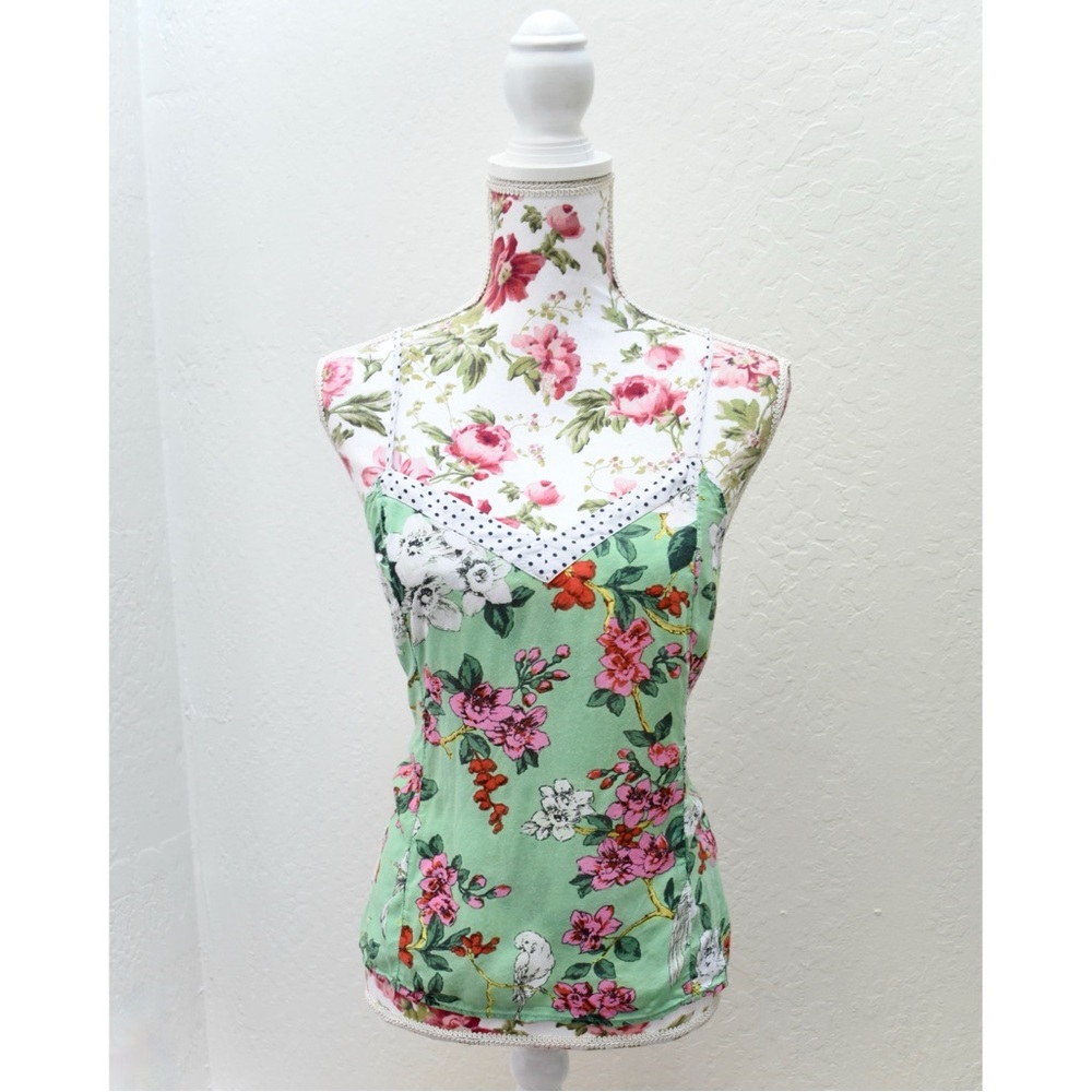 Anthropologie Layla Polka Dot Trim Floral Bird Cami Top